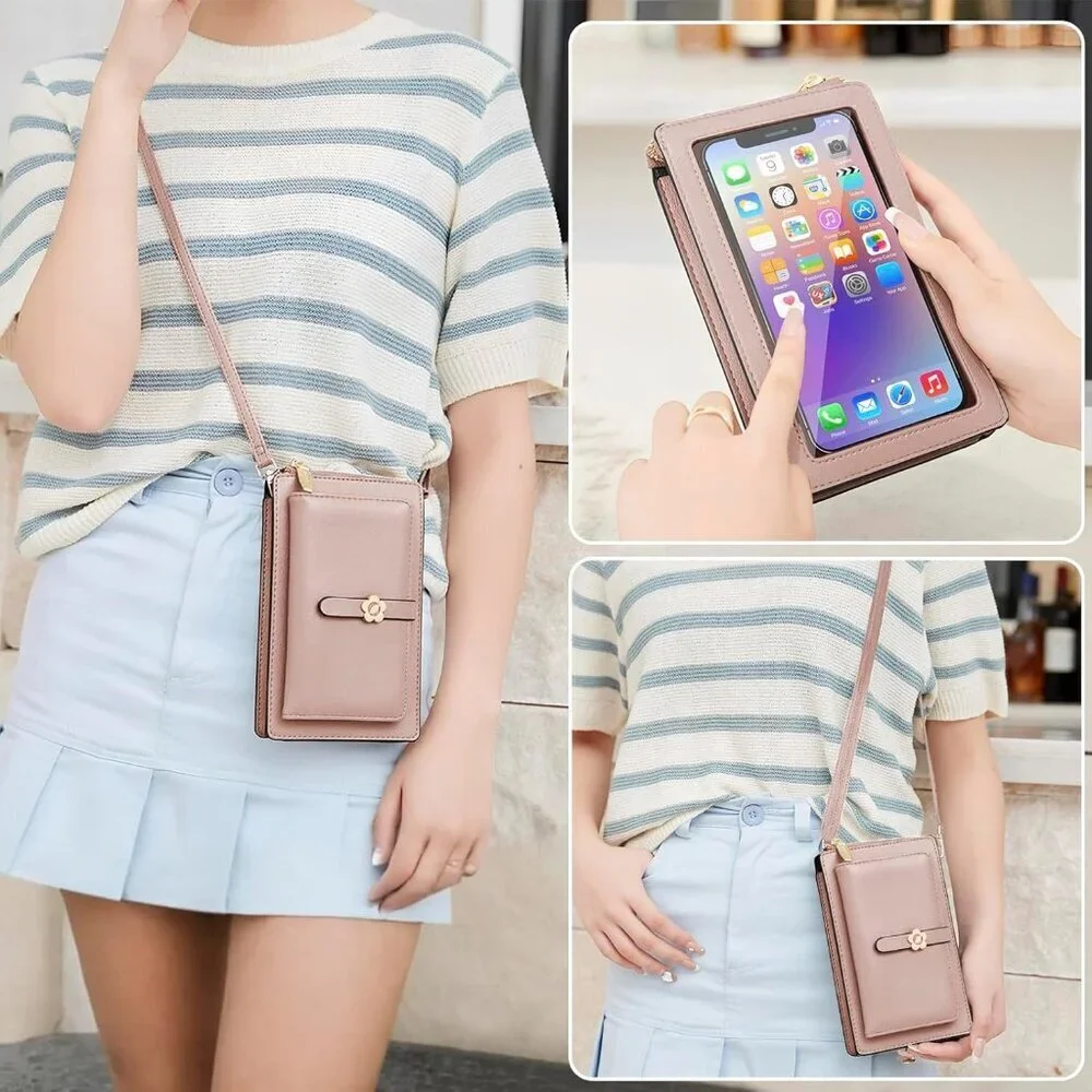 Leather Small Phone Wallet Purse Crossbody with Coin Bag for Women